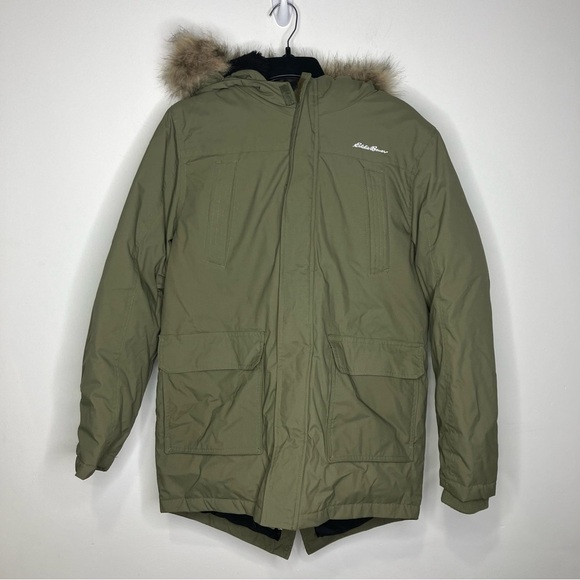 Eddie Bauer‎ Olive Green faux fur trimmed coat down filled kids size 14/16 - Picture 2 of 8